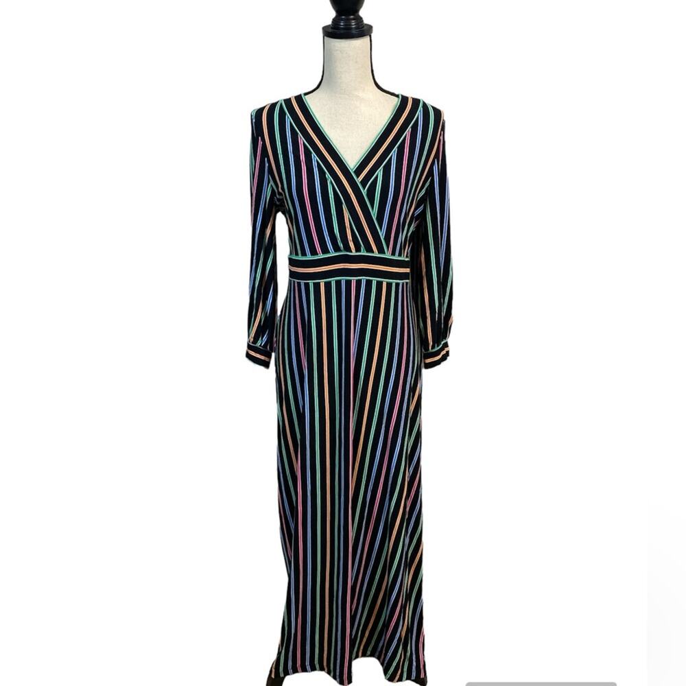Calvin Klein Black Knit Multicolored Striped V-Neck Maxi Dress Size 8
